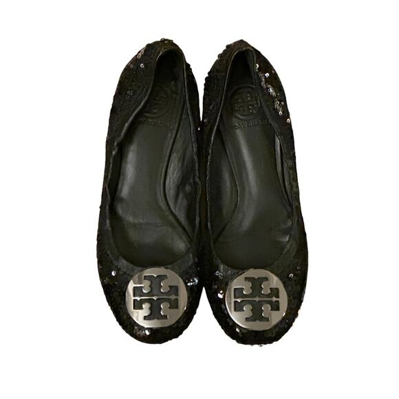 Tory Burch Black Leather Sparkle Sequin Logo Ballet Flats Size 6.5 - Picture 1 of 9